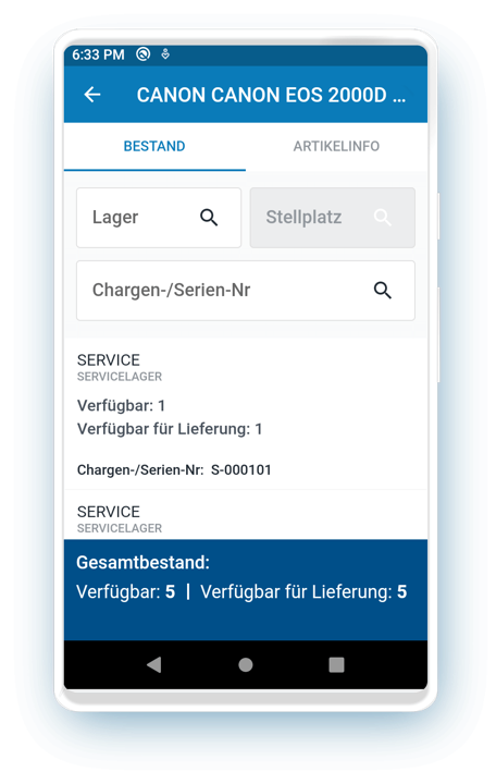 Bildschirm der NEX.GO 360 App: Bestandssuche
